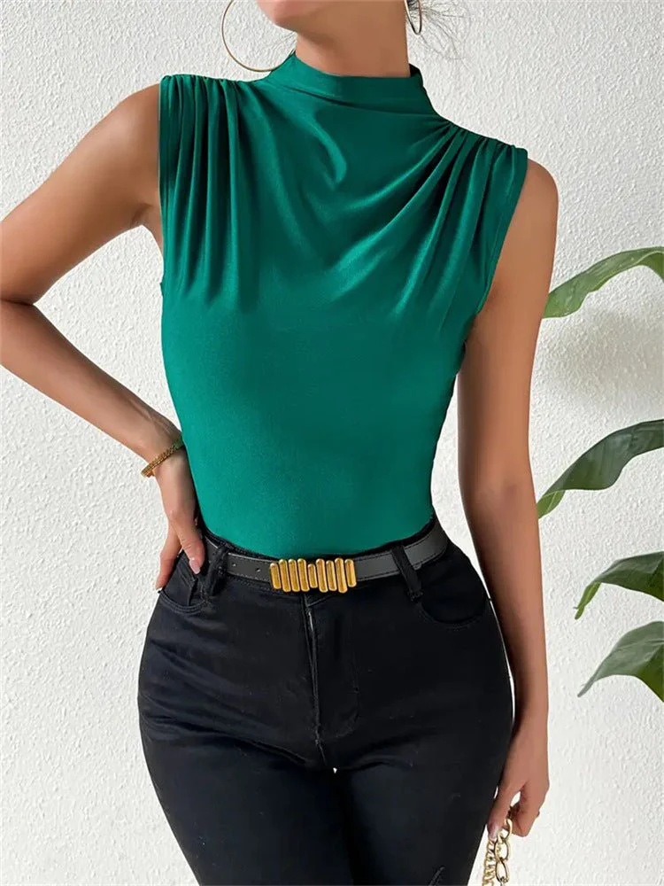 Knitted elastic collar sleeveless tops women solid color slim fit t-shirt - Image 4
