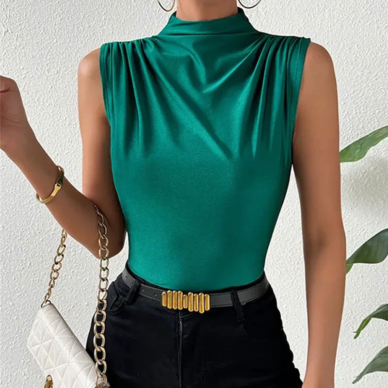 Knitted elastic collar sleeveless tops women solid color slim fit t-shirt - Image 9