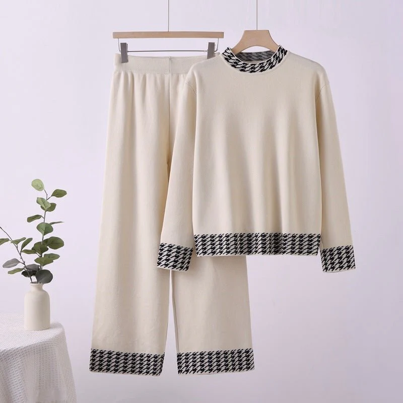 Knitted suit high waist grid color matching top two-piece set FD
