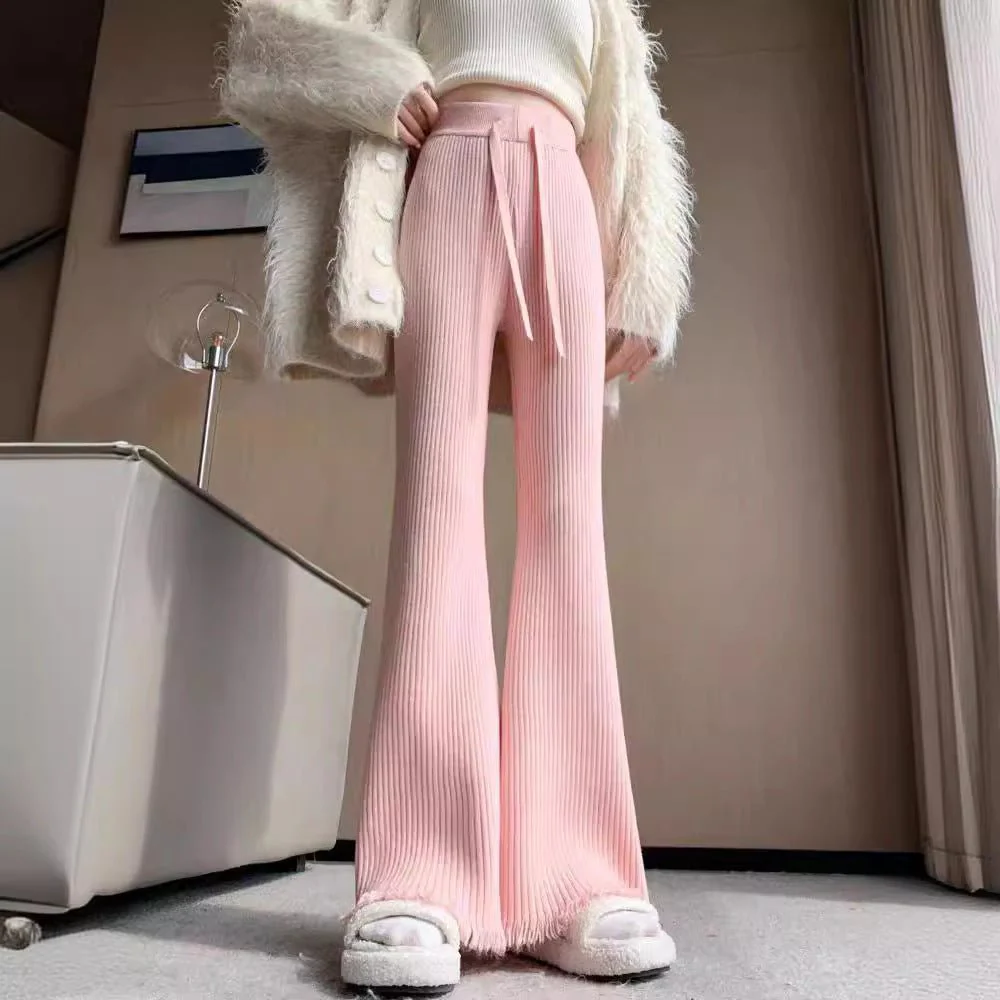 Korean knitted women's tassel flared pants mopping drape narrow version wide leg pants thick