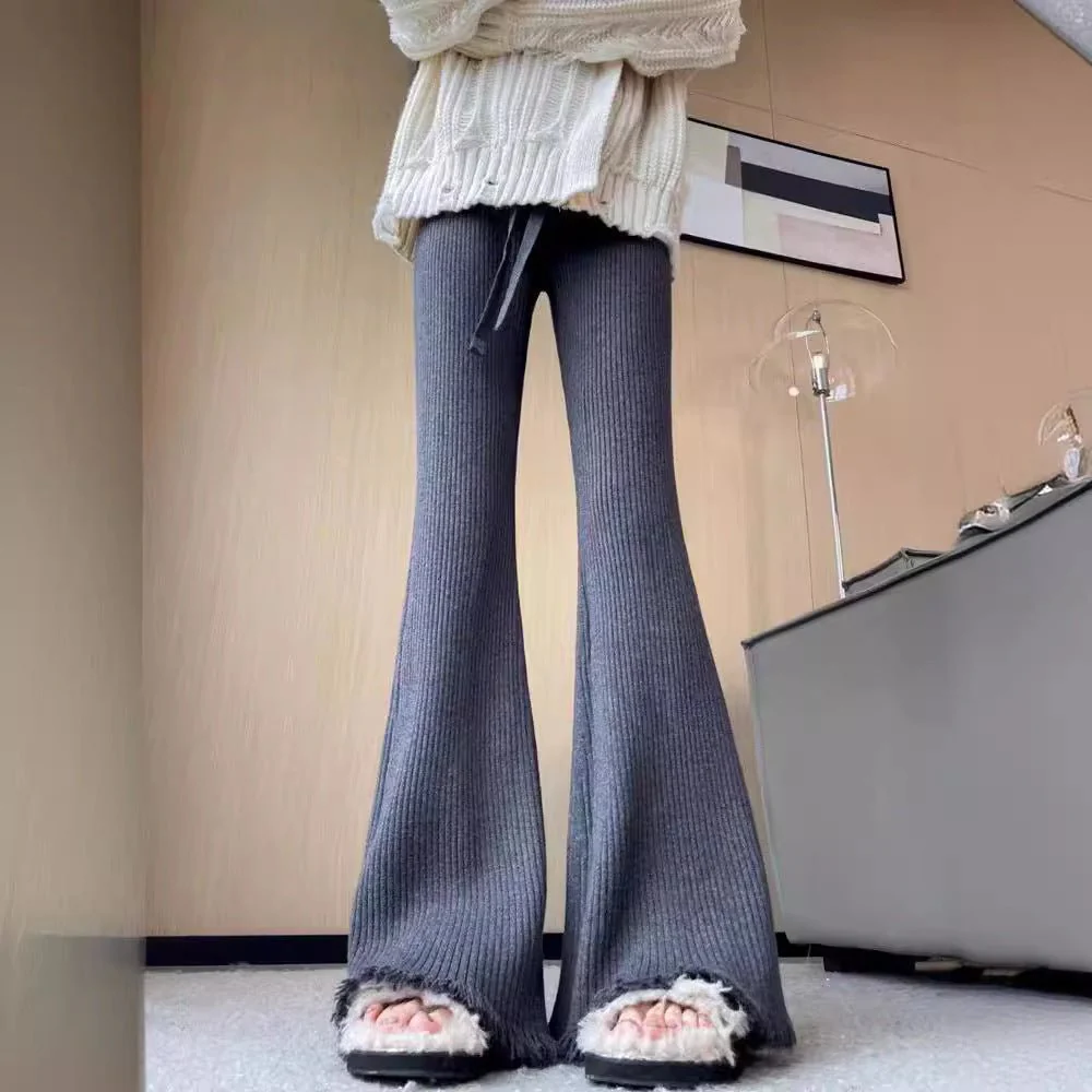 Korean knitted women's tassel flared pants mopping drape narrow version wide leg pants thick - Image 3