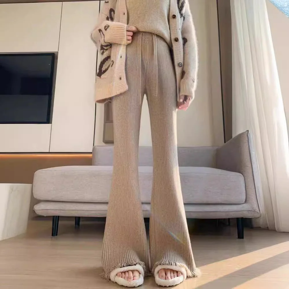 Korean knitted women's tassel flared pants mopping drape narrow version wide leg pants thick - Image 4
