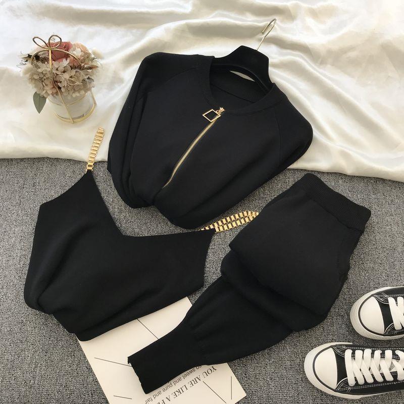 Korean style chain cami top & knitted jacket & pants three-piece set - Image 3