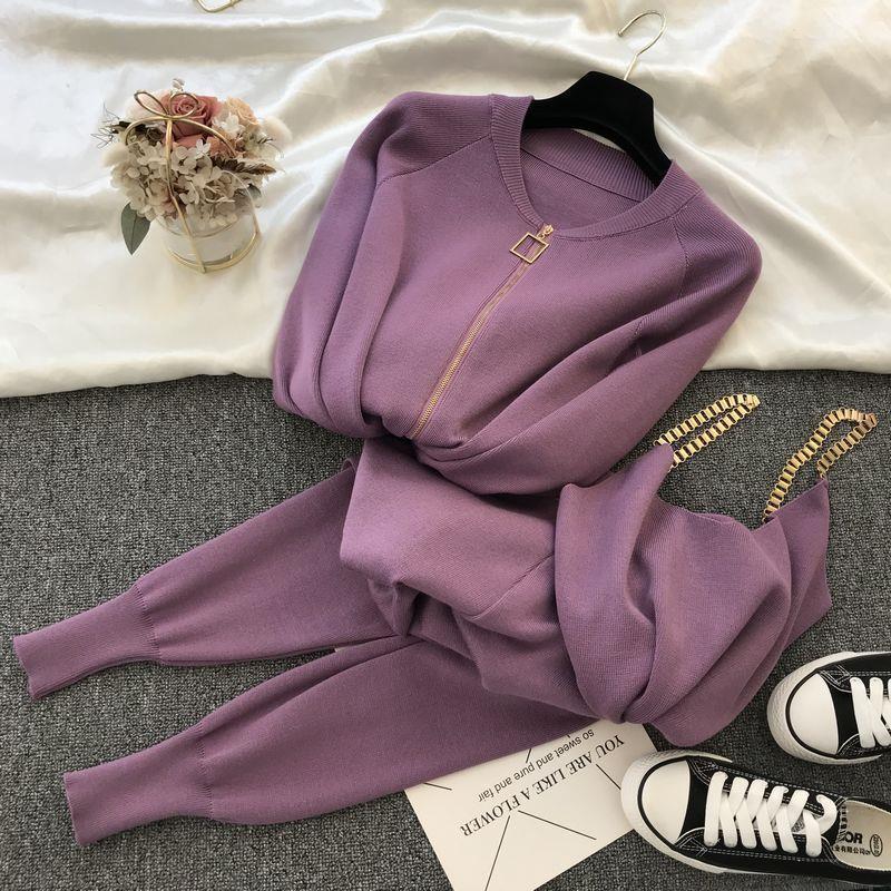 Korean style chain cami top & knitted jacket & pants three-piece set - Image 4