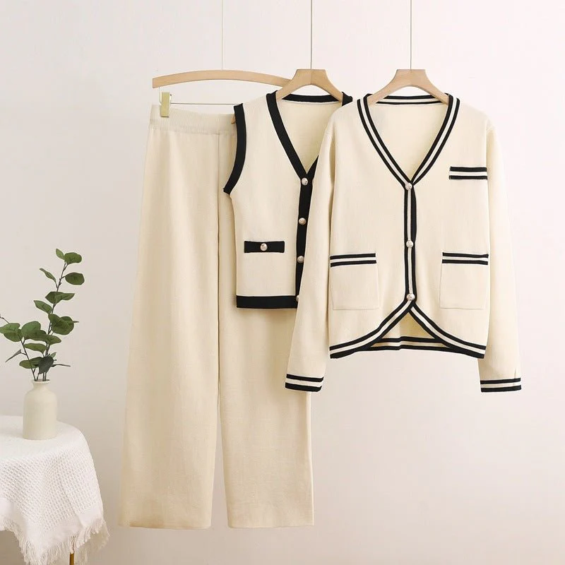 Korean version of fashion suit long-sleeved knitted sweater cardigan vest straight pants three-piece set FD