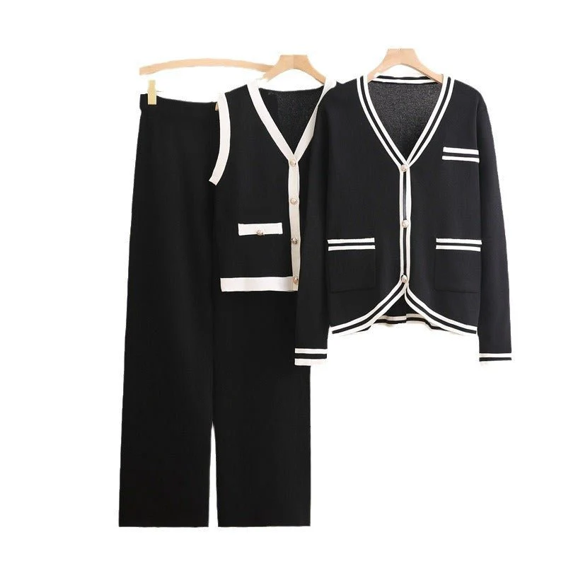 Korean version of fashion suit long-sleeved knitted sweater cardigan vest straight pants three-piece set FD - Image 4