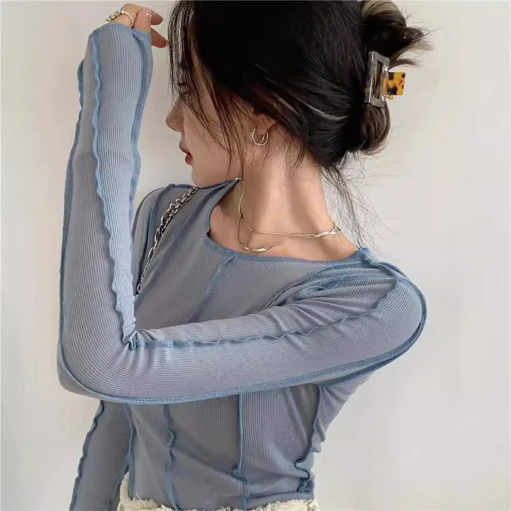 Korean version of the niche design solid color bottom T-shirt versatile slim long sleeve top