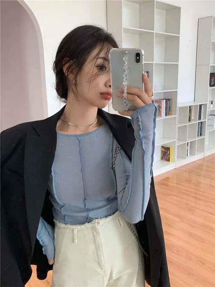 Korean version of the niche design solid color bottom T-shirt versatile slim long sleeve top - Image 11
