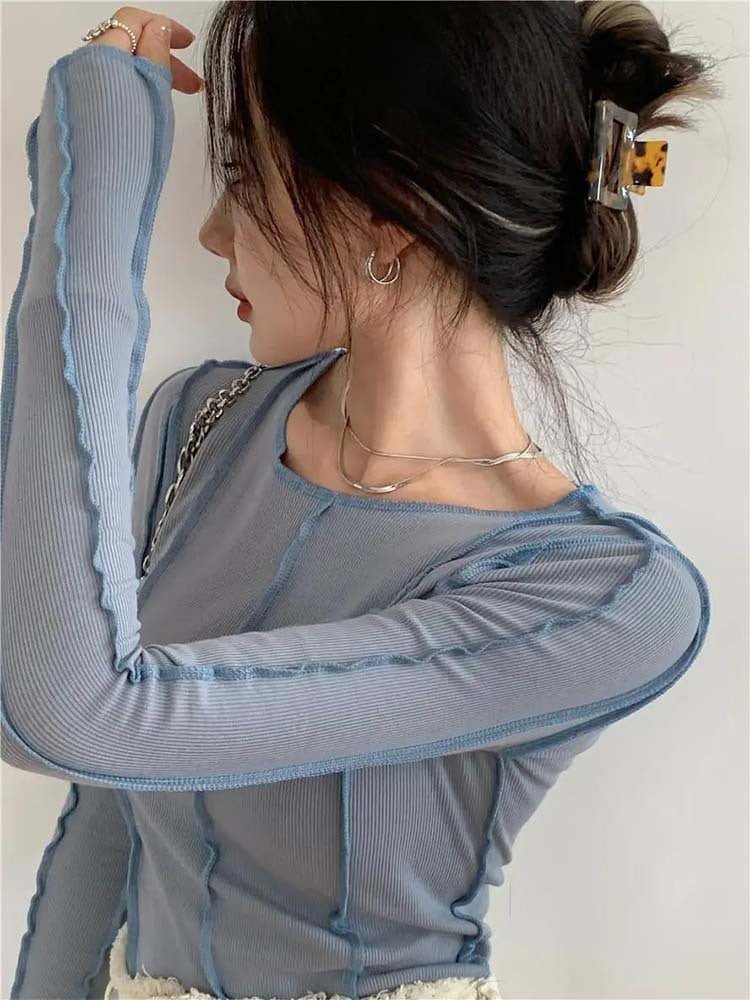 Korean version of the niche design solid color bottom T-shirt versatile slim long sleeve top - Image 12