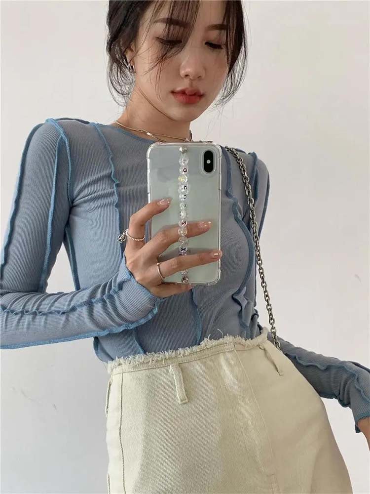 Korean version of the niche design solid color bottom T-shirt versatile slim long sleeve top - Image 13