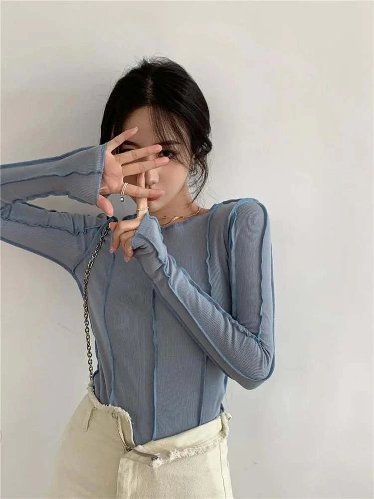Korean version of the niche design solid color bottom T-shirt versatile slim long sleeve top - Image 14
