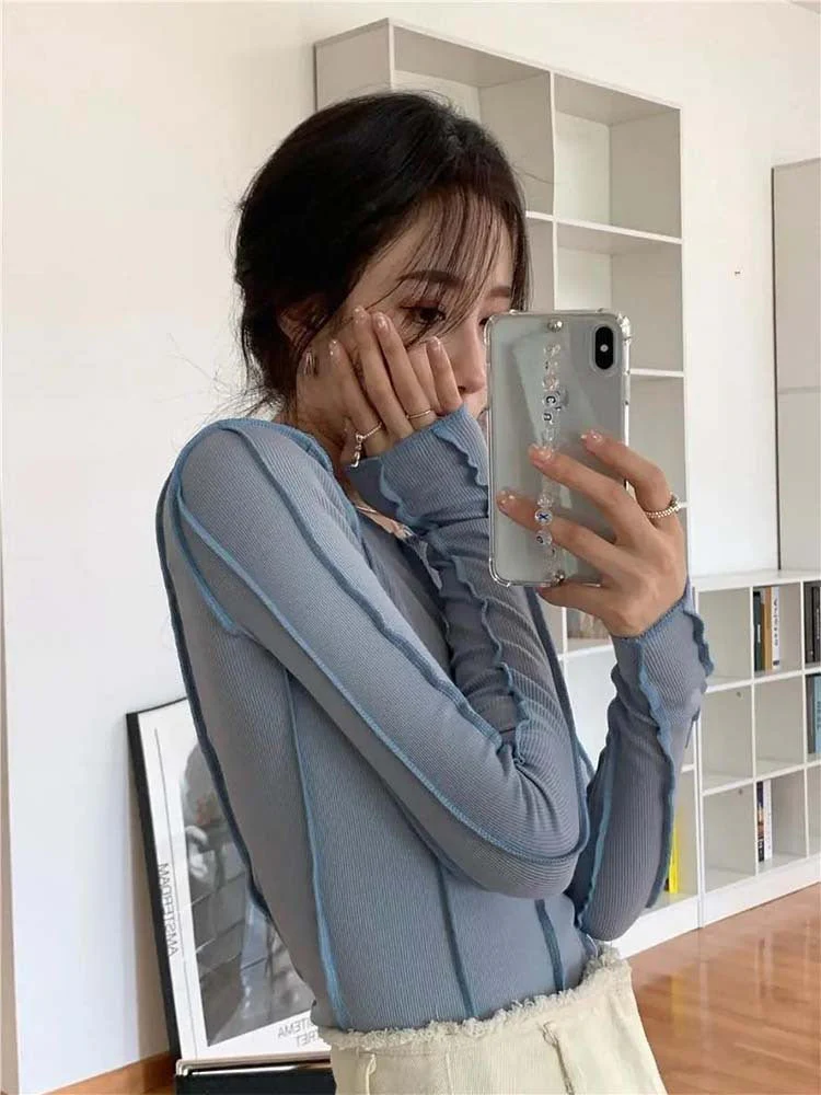 Korean version of the niche design solid color bottom T-shirt versatile slim long sleeve top - Image 15