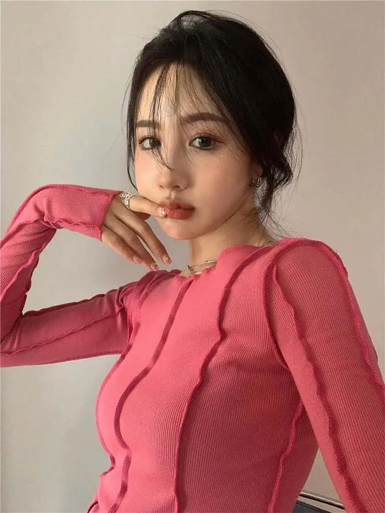 Korean version of the niche design solid color bottom T-shirt versatile slim long sleeve top - Image 16