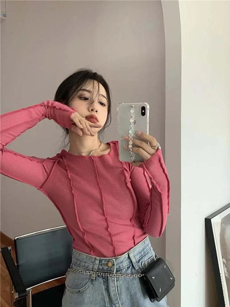 Korean version of the niche design solid color bottom T-shirt versatile slim long sleeve top - Image 17