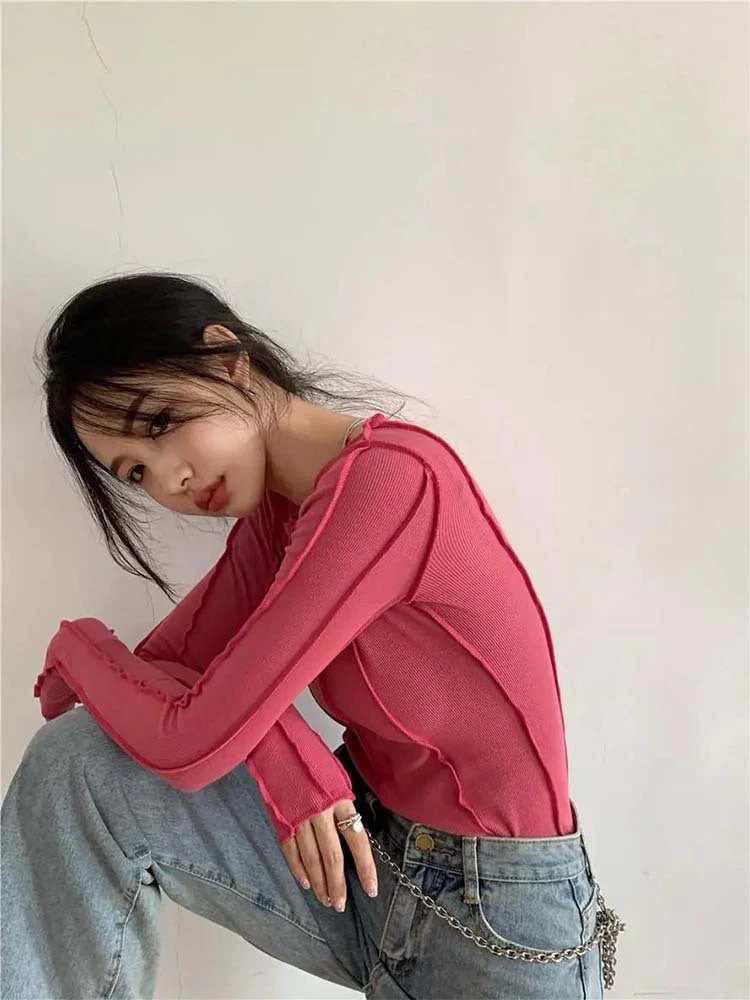 Korean version of the niche design solid color bottom T-shirt versatile slim long sleeve top - Image 18