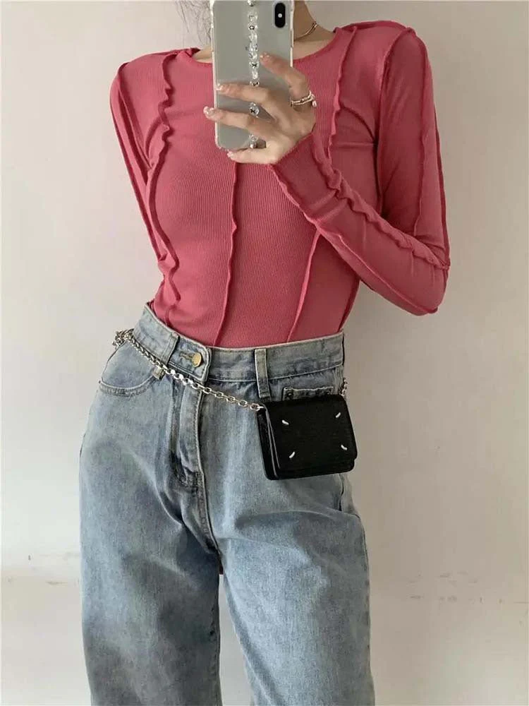 Korean version of the niche design solid color bottom T-shirt versatile slim long sleeve top - Image 3