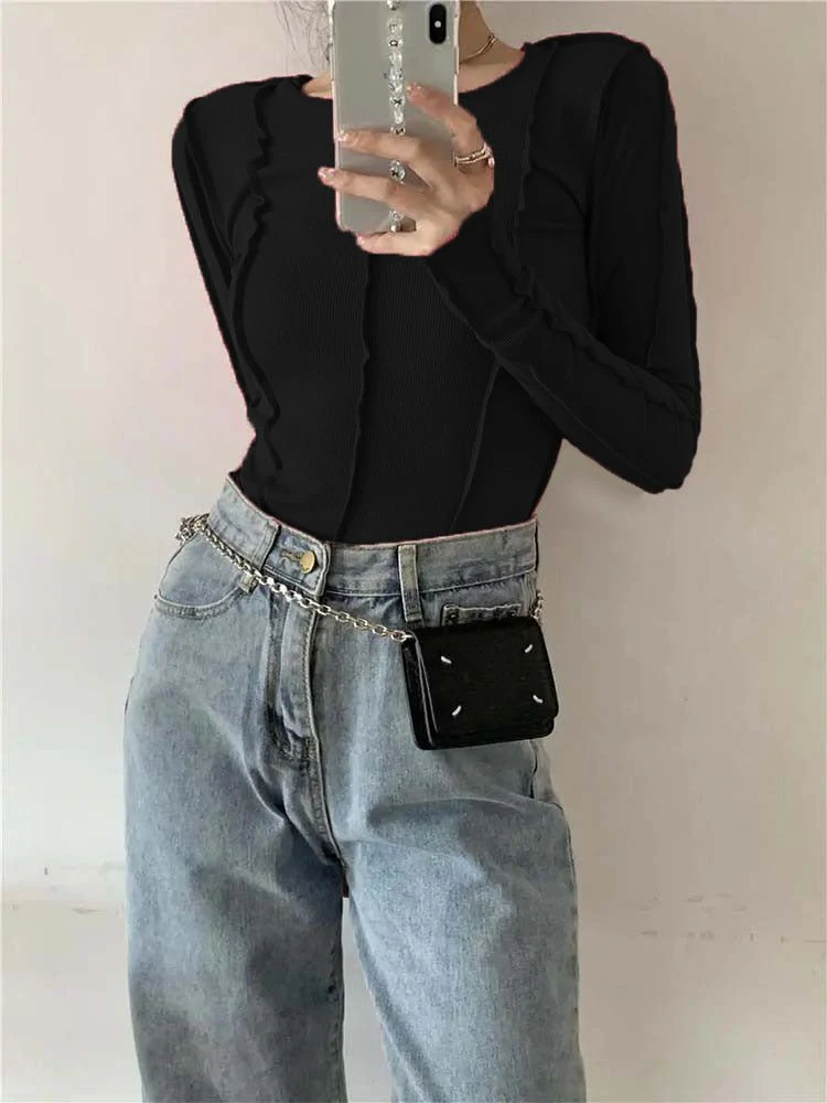 Korean version of the niche design solid color bottom T-shirt versatile slim long sleeve top - Image 4