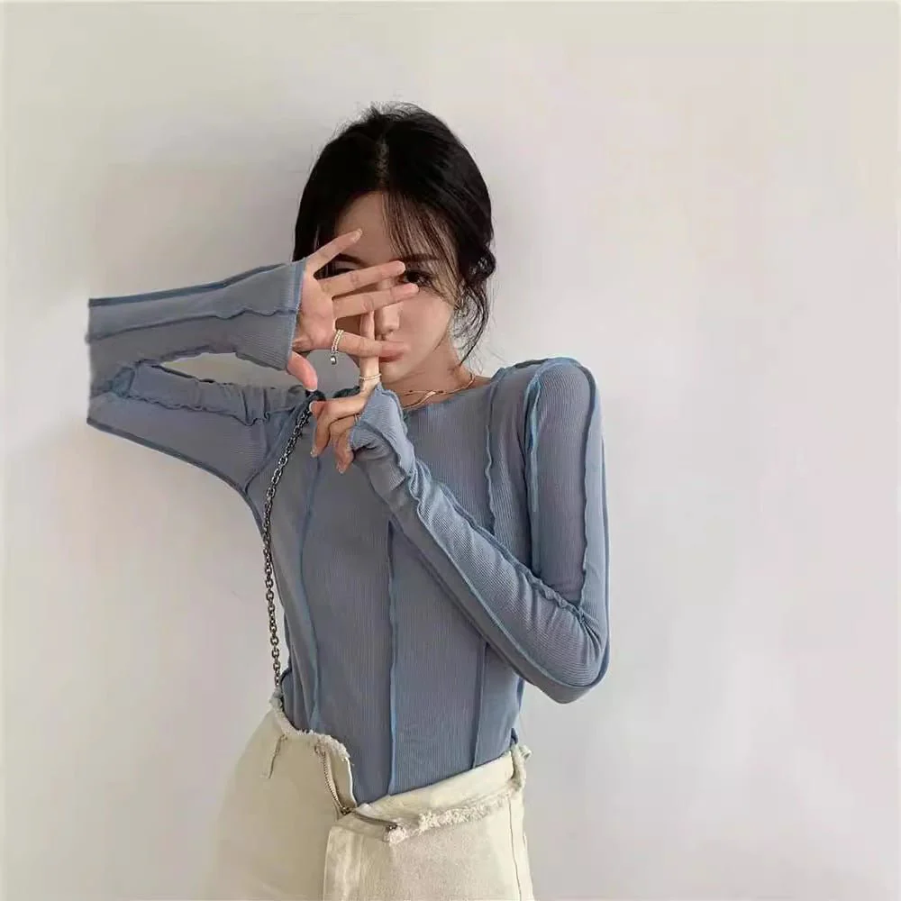 Korean version of the niche design solid color bottom T-shirt versatile slim long sleeve top - Image 5