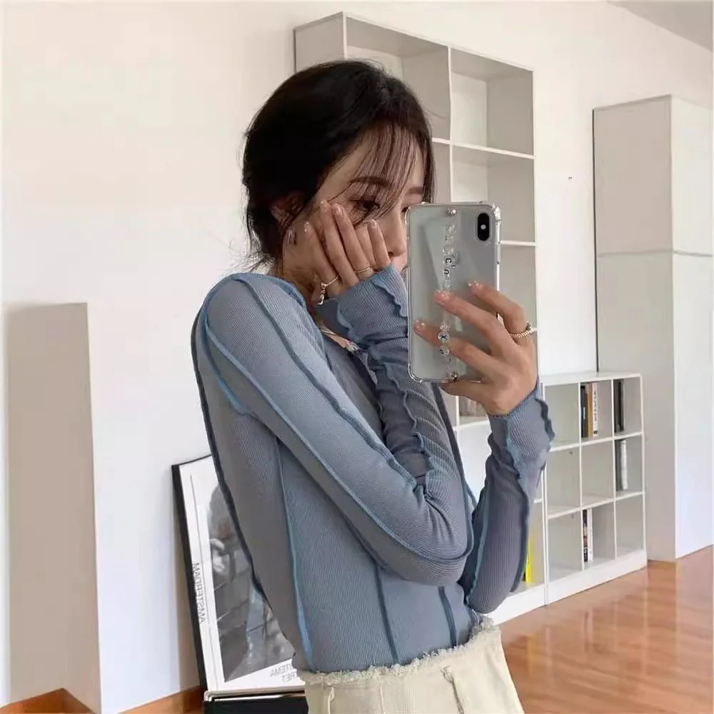 Korean version of the niche design solid color bottom T-shirt versatile slim long sleeve top - Image 6