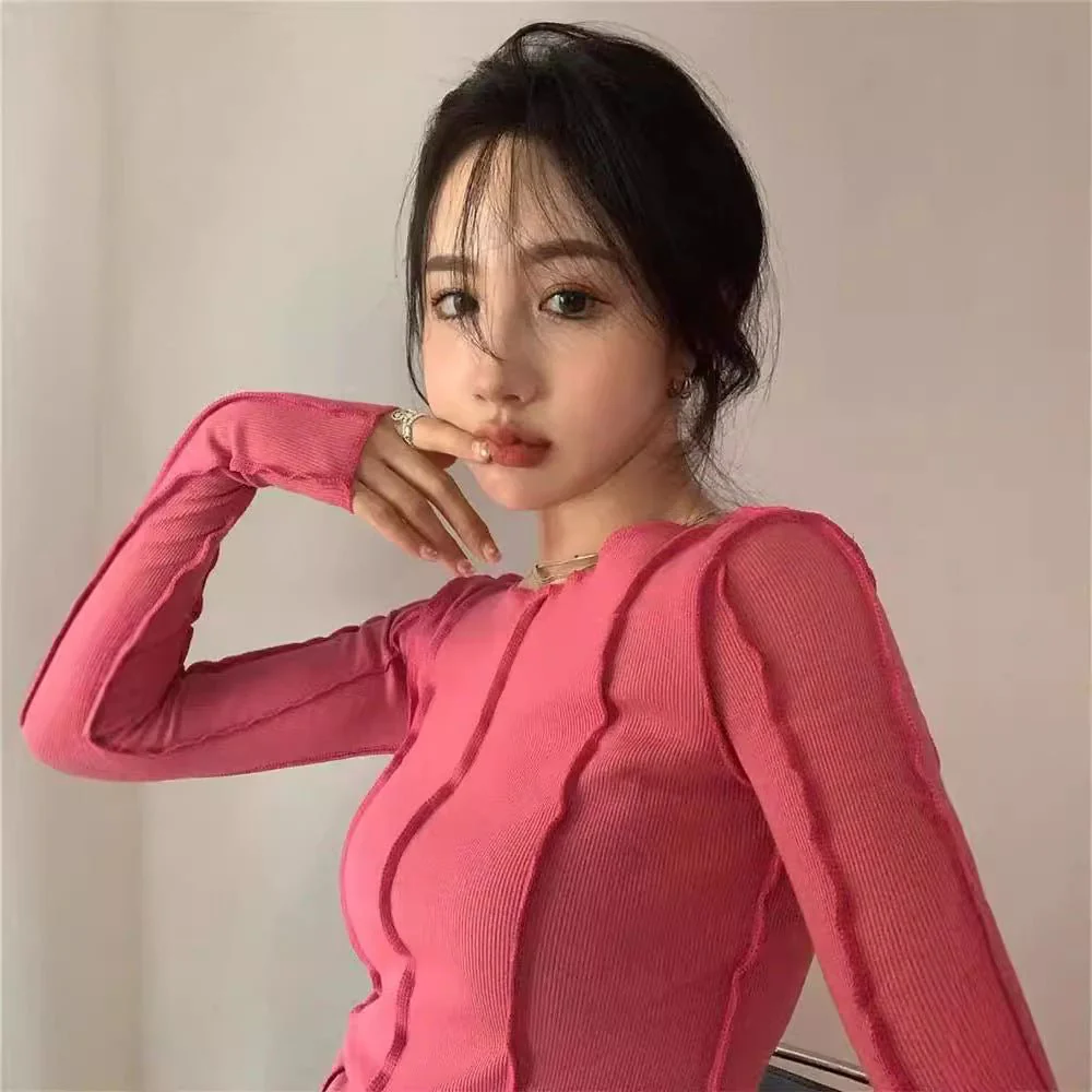 Korean version of the niche design solid color bottom T-shirt versatile slim long sleeve top - Image 7