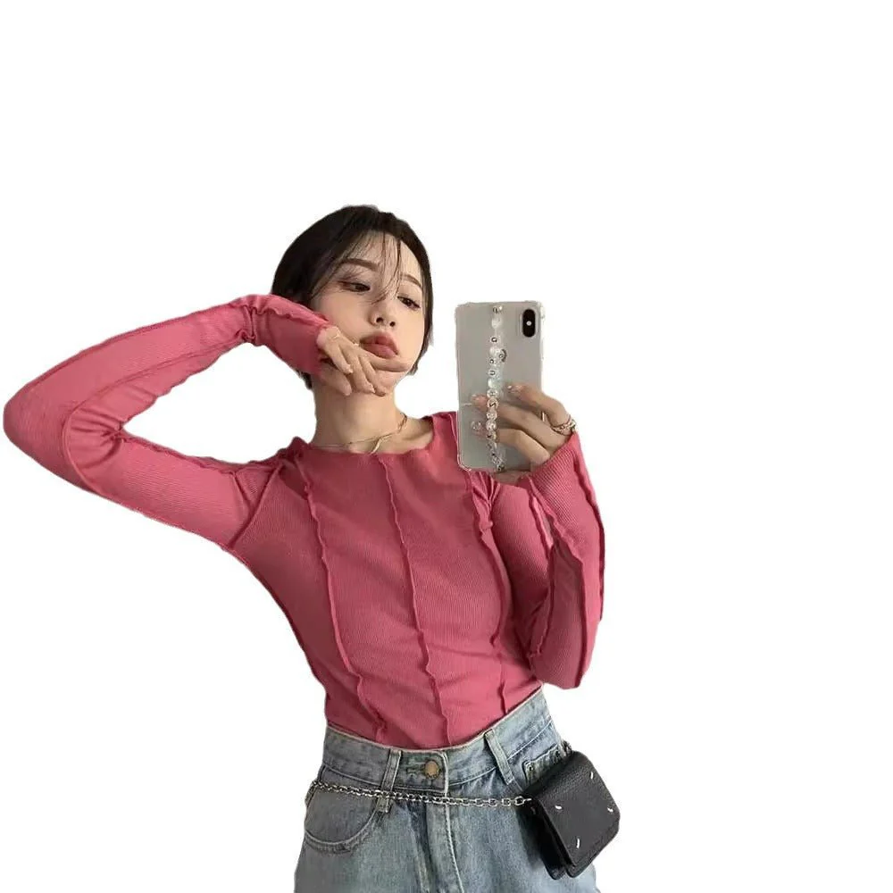 Korean version of the niche design solid color bottom T-shirt versatile slim long sleeve top - Image 8