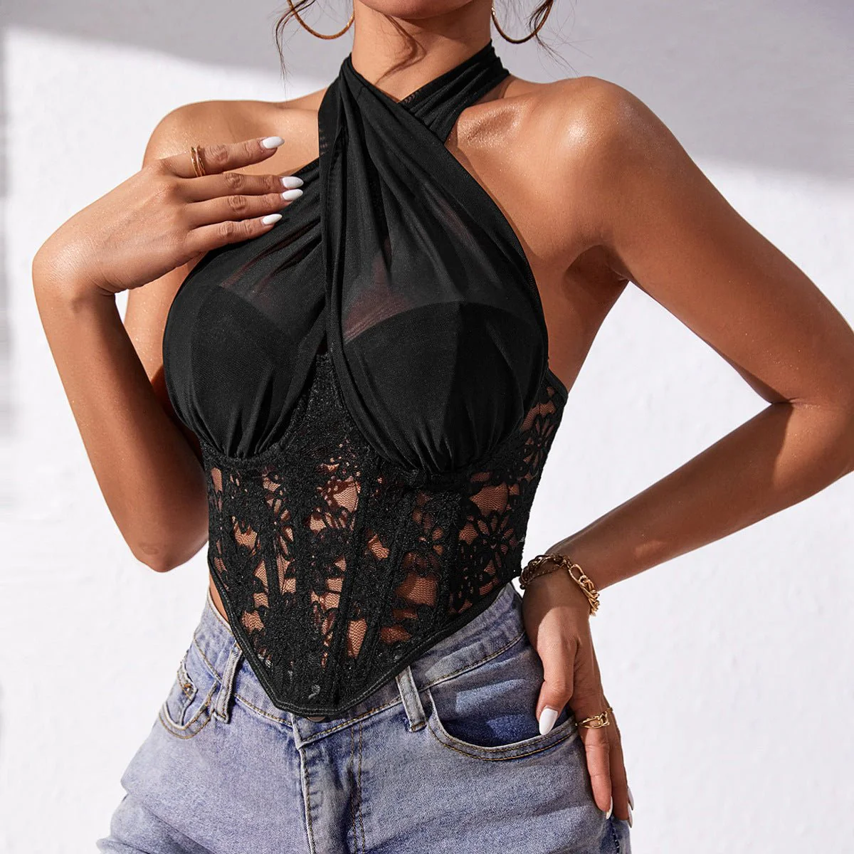 Lace mesh cross halter neck top diamond fishbone small vest - Image 13