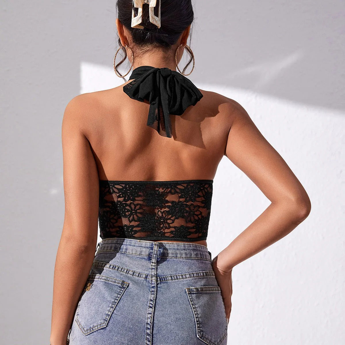 Lace mesh cross halter neck top diamond fishbone small vest - Image 17
