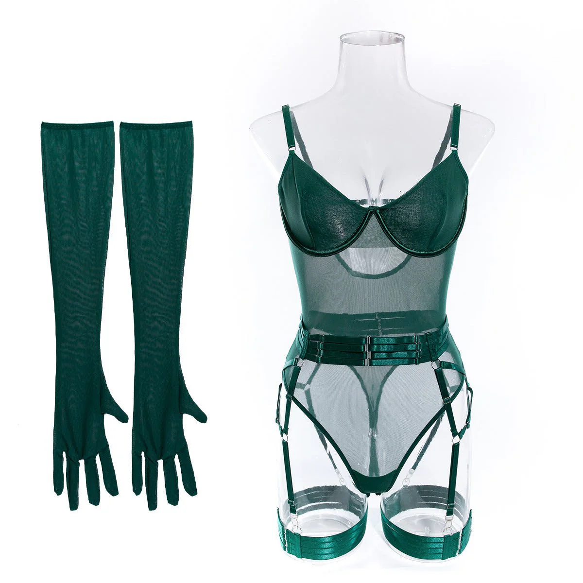Lace Royalty | Straps Stitching Slim Three-Piece Lingerie Set with Gloves - Image 58
