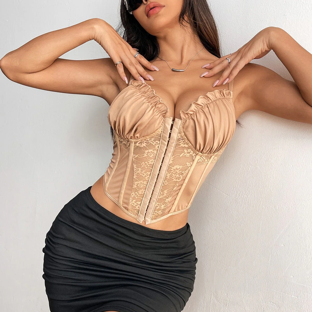 Lace Ruffle | Wood Ear Edge Buttoned Corset Cami Top White - Image 7