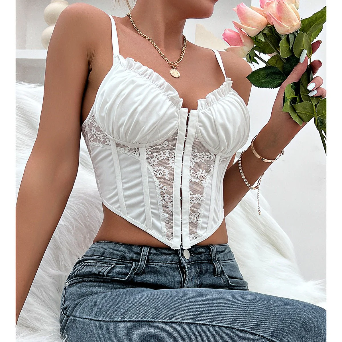 Lace Ruffle | Wood Ear Edge Buttoned Corset Cami Top White FD