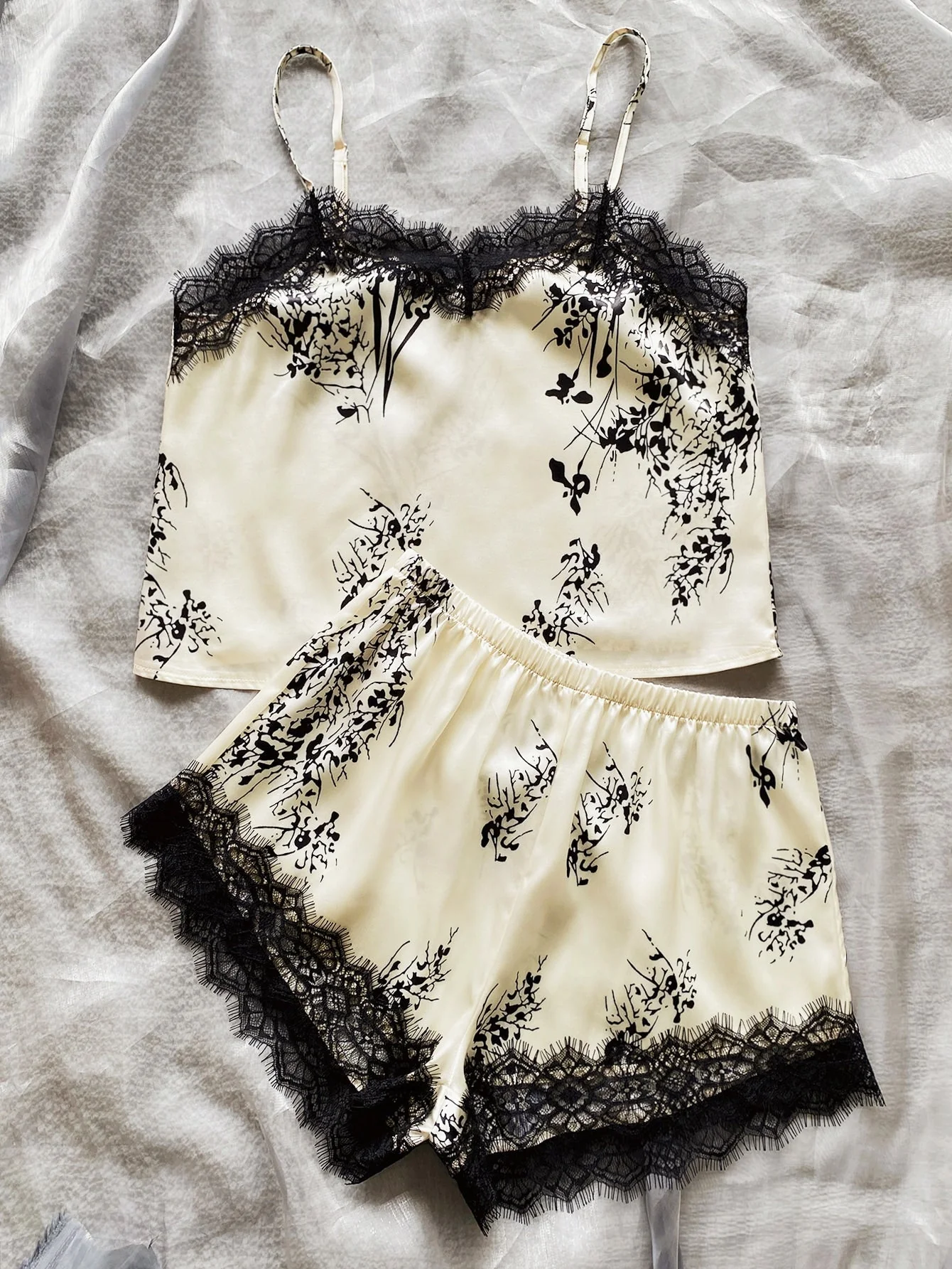 Lace Trim Plants Print Satin Night Set - Image 5
