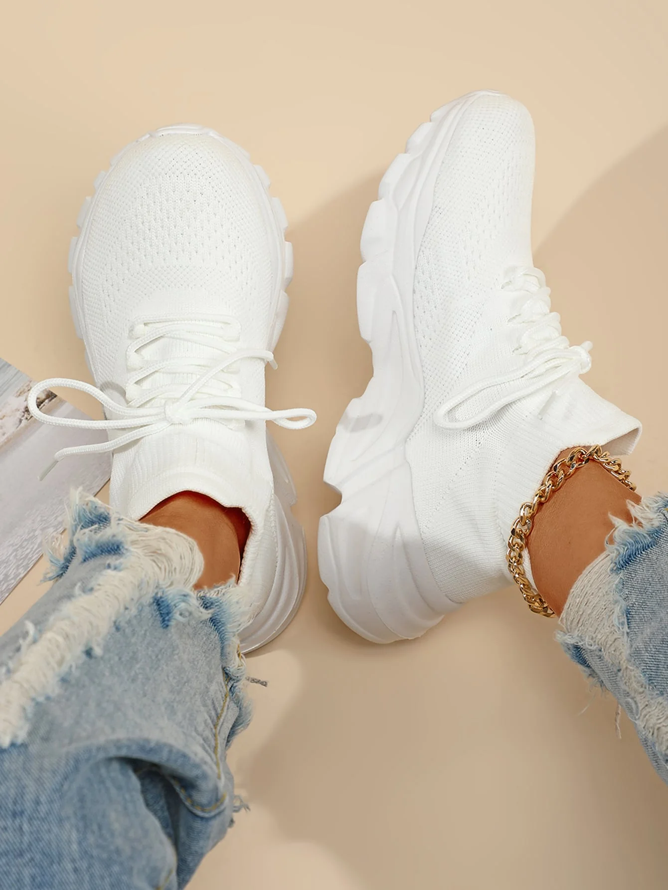 Lace-up Front High Top Chunky Sneakers, White Color Running Shoes With Solid Color Shoelaces For Women - Image 3