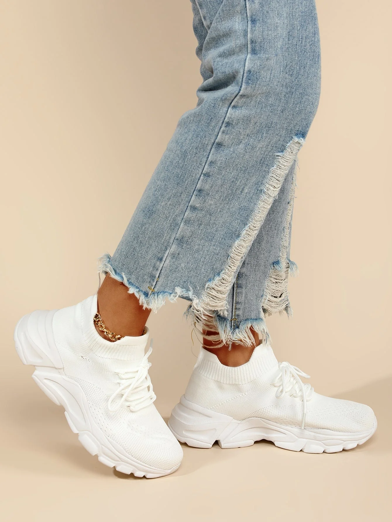 Lace-up Front High Top Chunky Sneakers, White Color Running Shoes With Solid Color Shoelaces For Women - Image 4