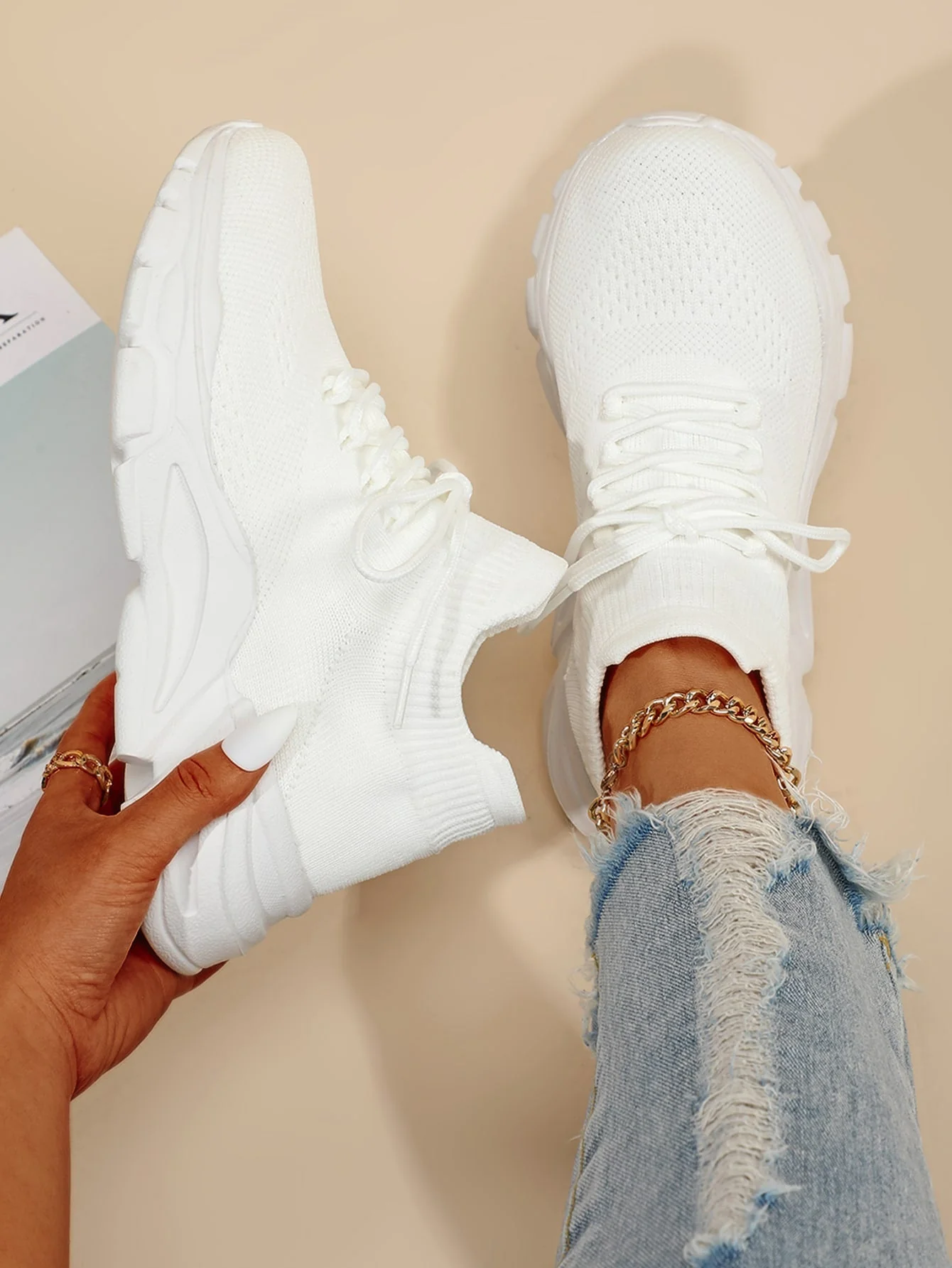 Lace-up Front High Top Chunky Sneakers, White Color Running Shoes With Solid Color Shoelaces For Women - Image 5