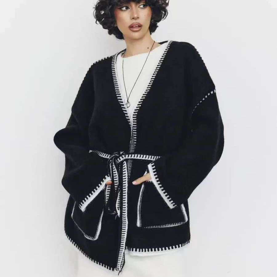 Lace-up knitted cardigan contrasting color sweater