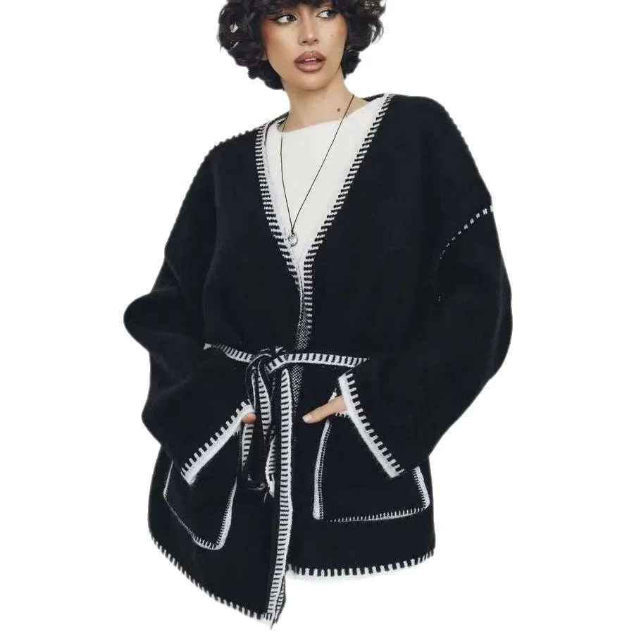 Lace-up knitted cardigan contrasting color sweater - Image 5