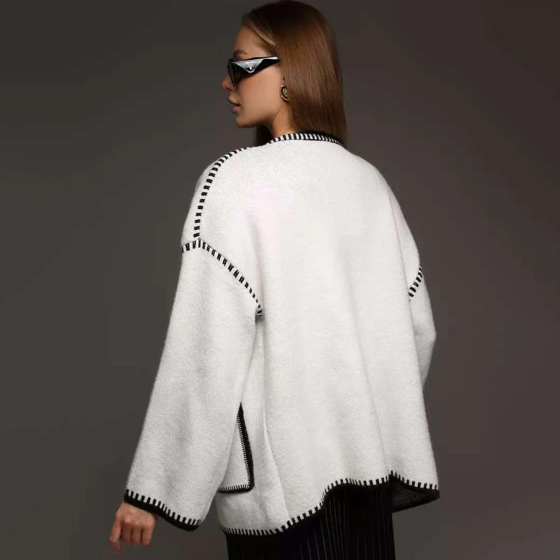 Lace-up knitted cardigan contrasting color sweater FD - Image 4