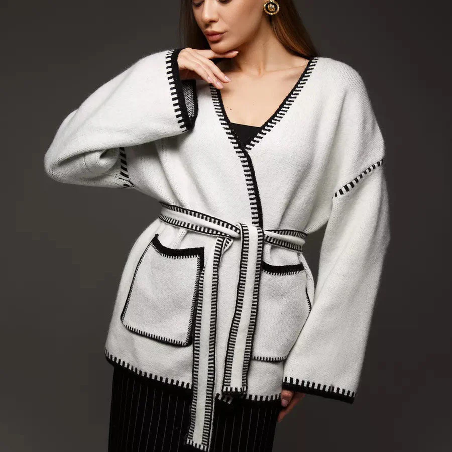 Lace-up knitted cardigan contrasting color sweater FD - Image 6