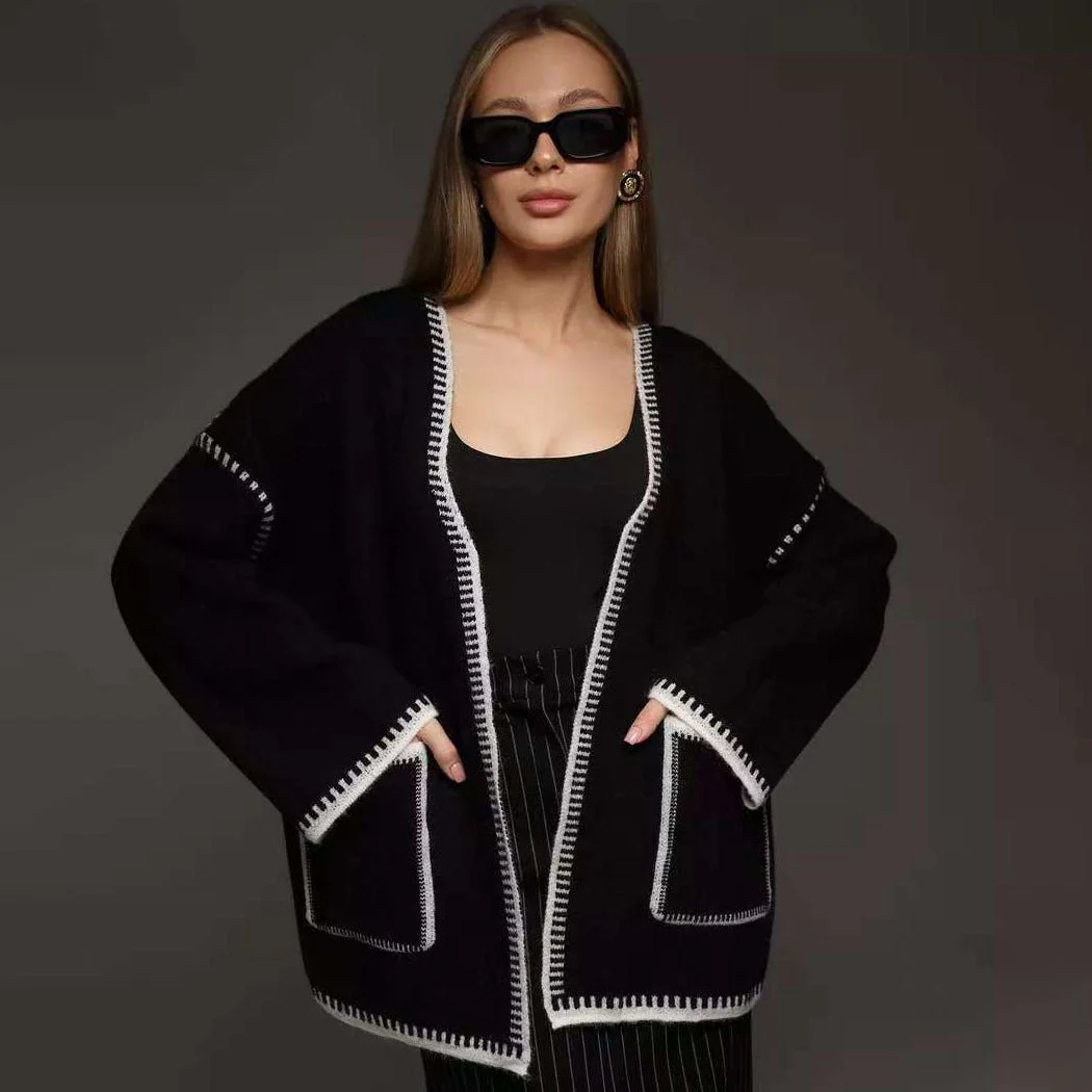 Lace-up knitted cardigan contrasting color sweater FD - Image 7