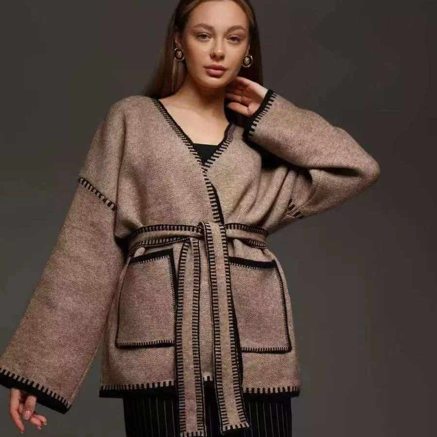 Lace-up knitted cardigan contrasting color sweater FD - Image 8