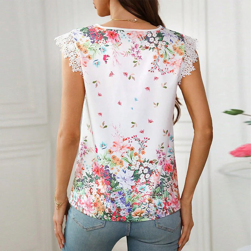 Lace V-neck shirt printed shirt - Image 3