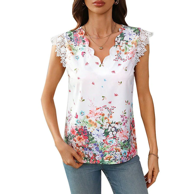 Lace V-neck shirt printed shirt - Image 5