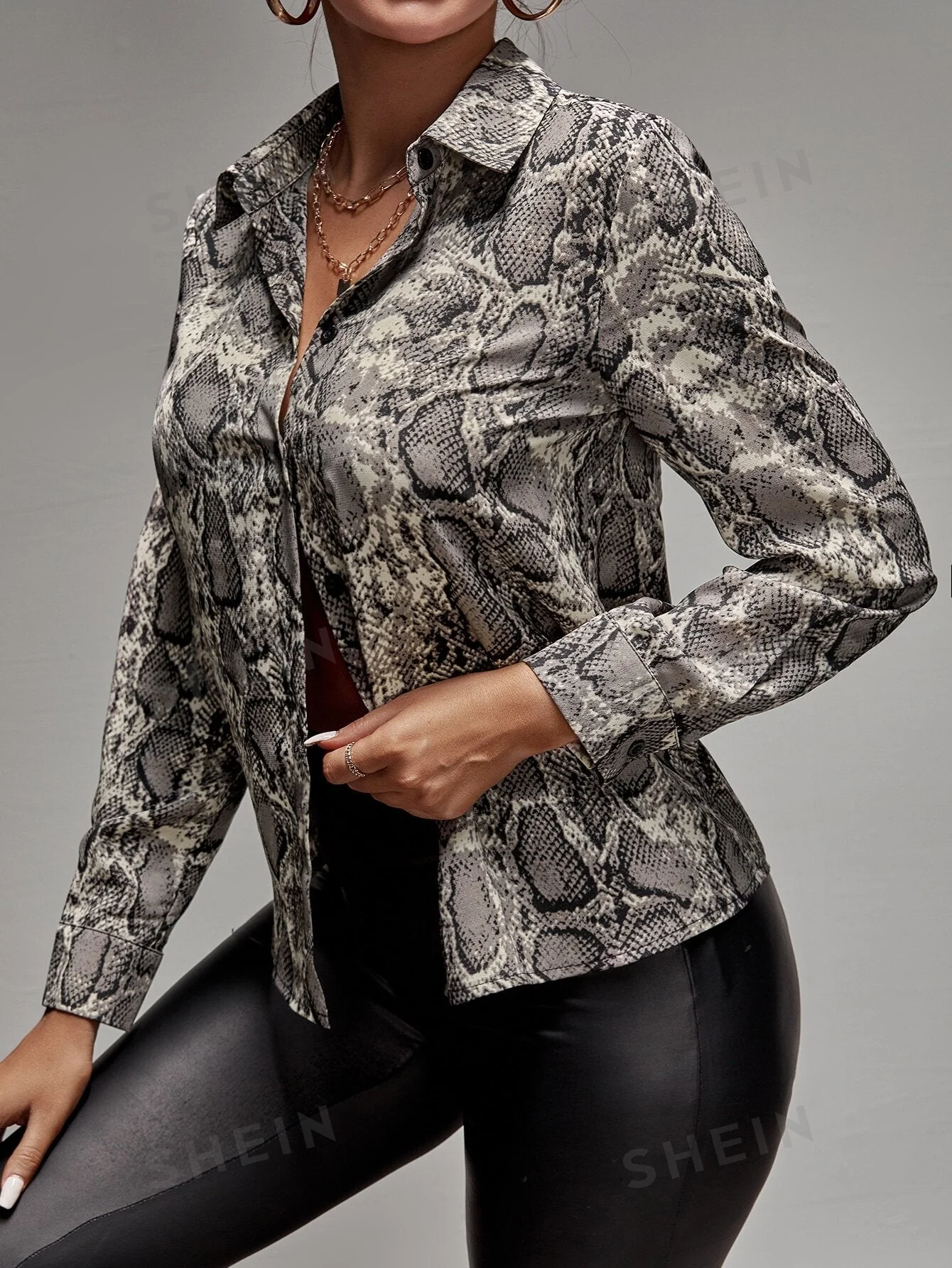 Lady Snakeskin Print Button Up Shirt - Image 3