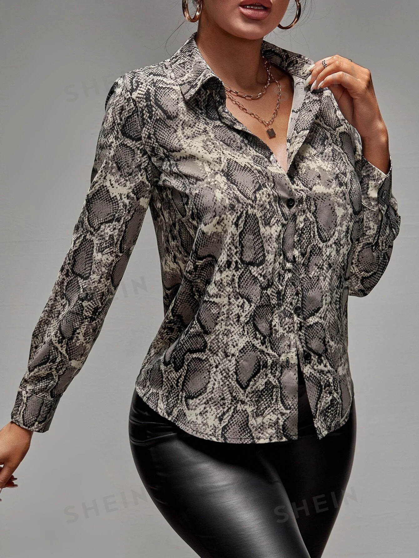 Lady Snakeskin Print Button Up Shirt - Image 4
