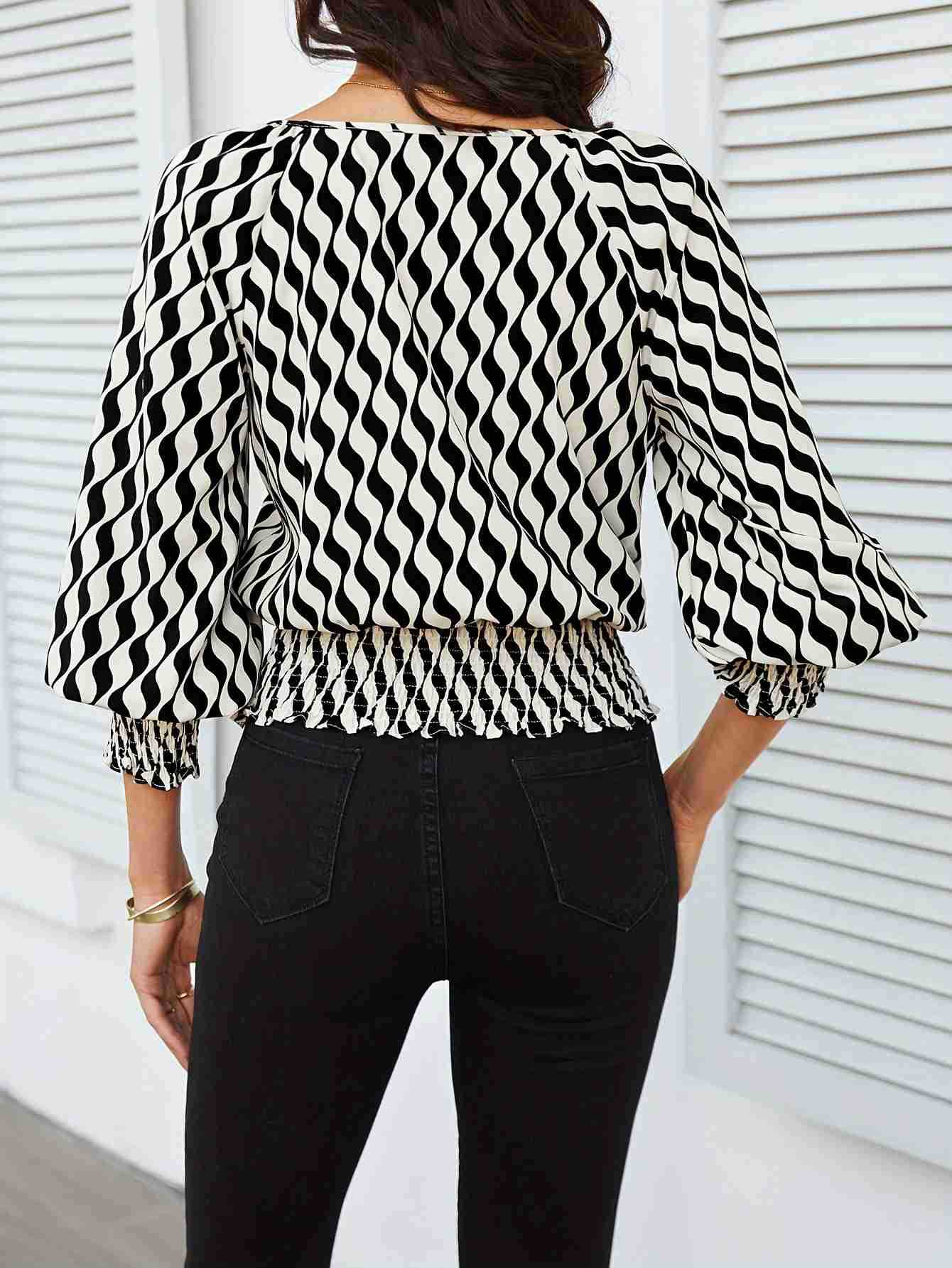 Lantern sleeve tops women's waist short contrast color printing long-sleeved T-shirt - Image 2