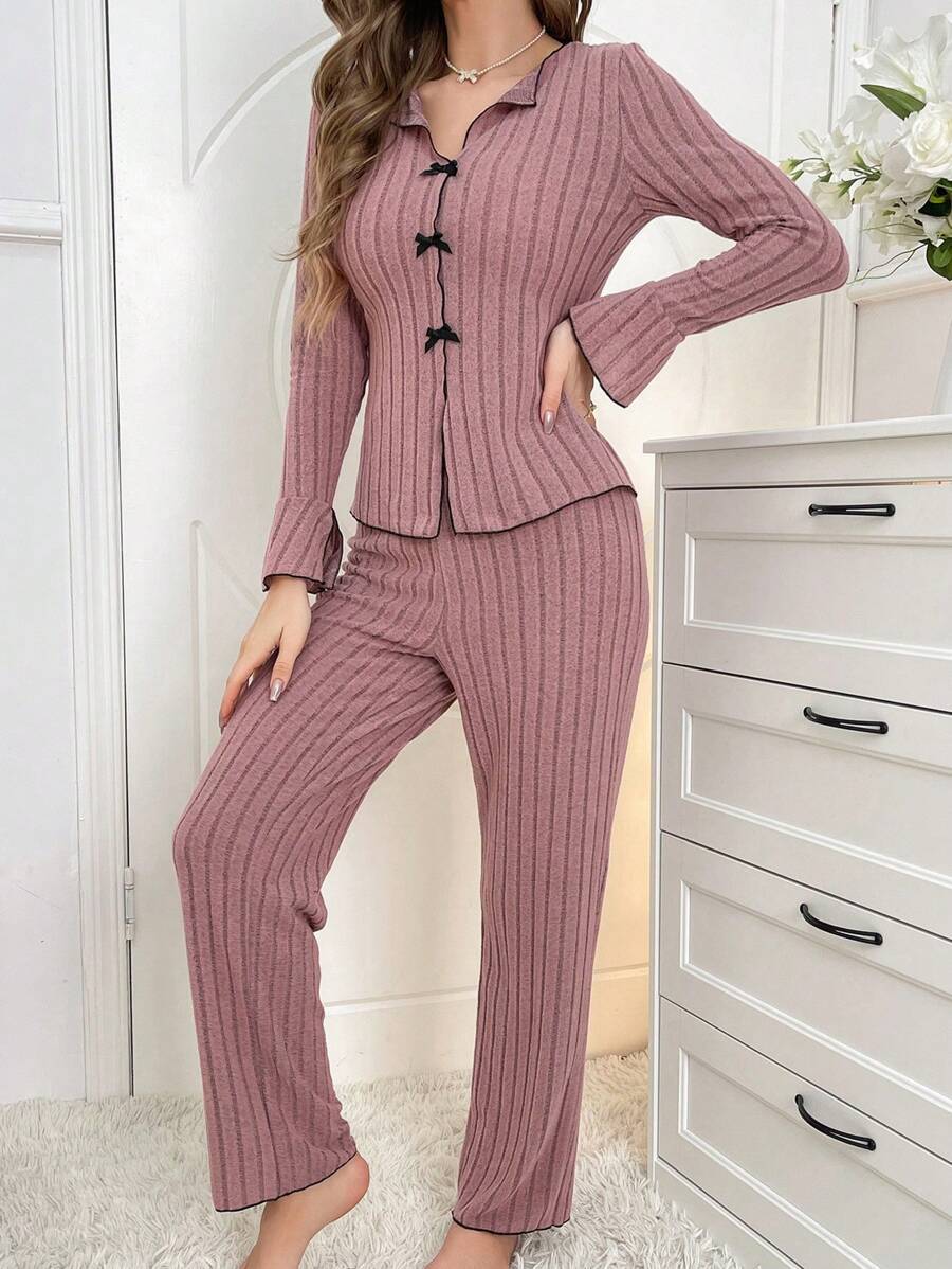 Lapel collar leisure bow long-sleeved trousers home clothes FD - Image 10