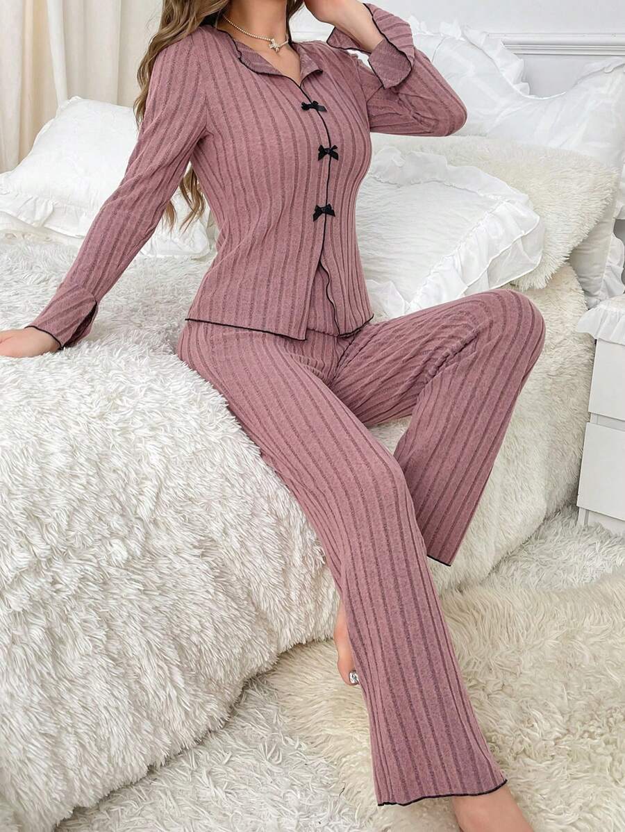 Lapel collar leisure bow long-sleeved trousers home clothes FD - Image 11