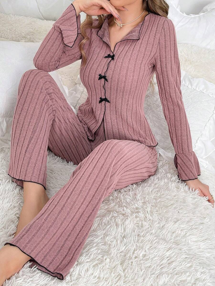 Lapel collar leisure bow long-sleeved trousers home clothes FD - Image 12