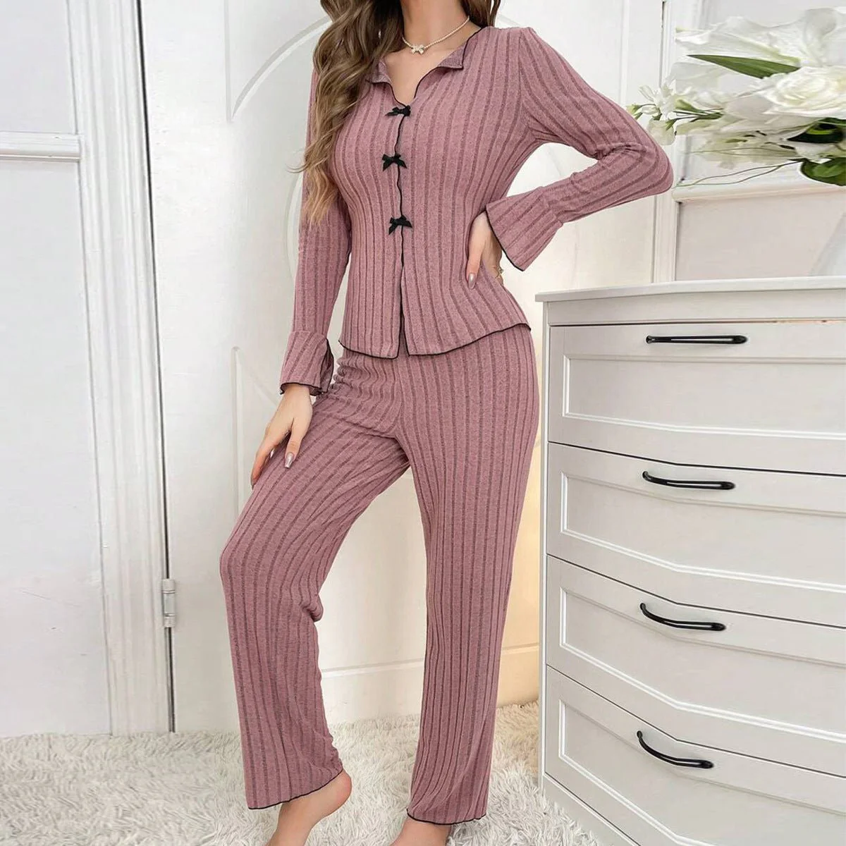 Lapel collar leisure bow long-sleeved trousers home clothes FD - Image 2
