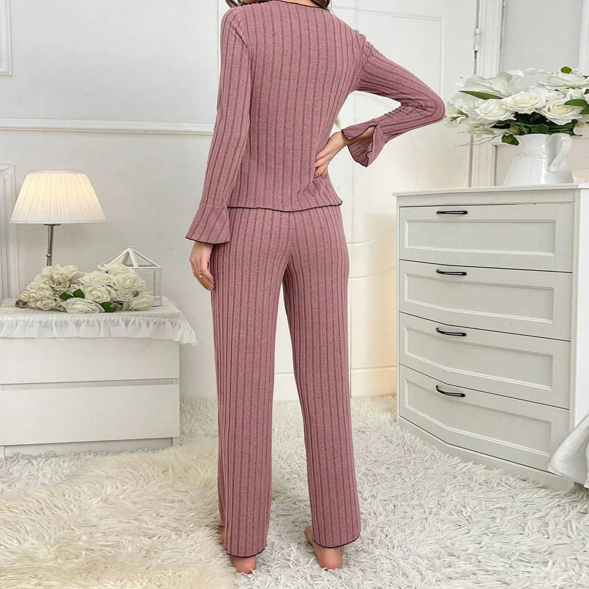 Lapel collar leisure bow long-sleeved trousers home clothes FD - Image 3